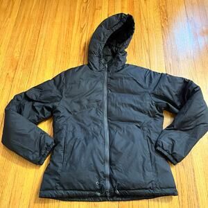 Columbia Puffer Coat Womens Medium Reversible Down Black Gray Hooded Jacket